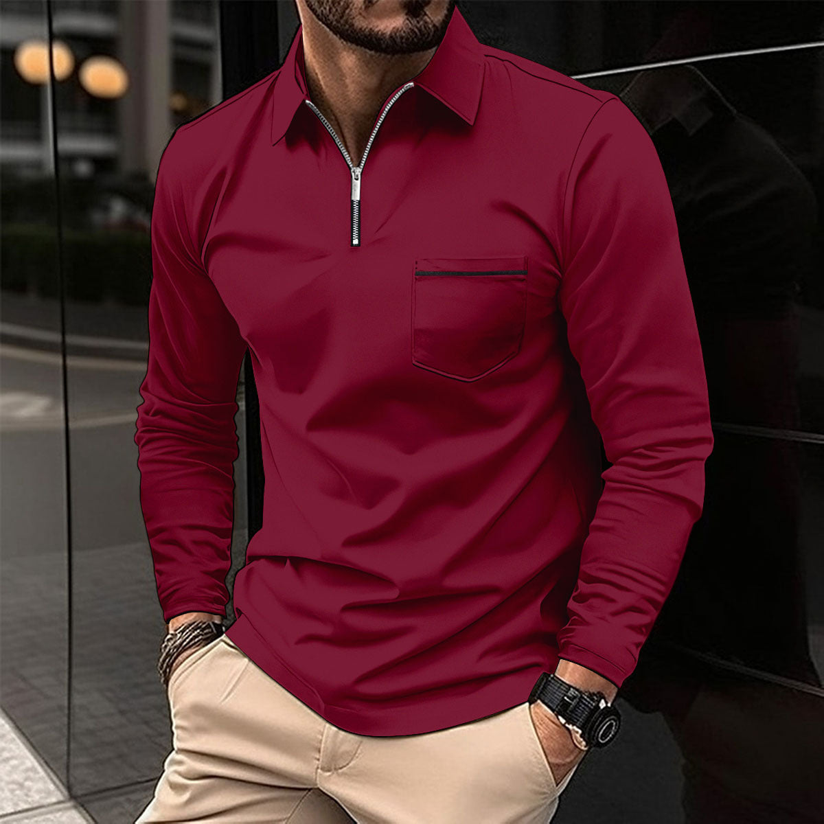 Autumn Polo Shirt Zipper Men's Long Sleeve Polo Shirt