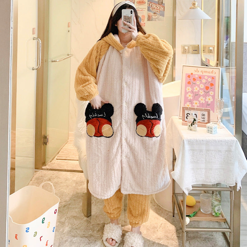 Autumn And Winter Plus Size Pajamas For Girls Warm Loungewear Suit Thickened Cartoon Bag Student Long