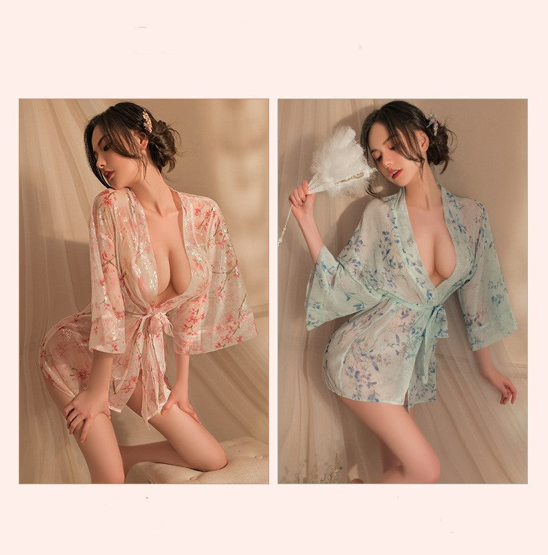 Sexy Lingerie Sexy Deep V Off-shoulder See-through Bronzing Printed Bathrobe