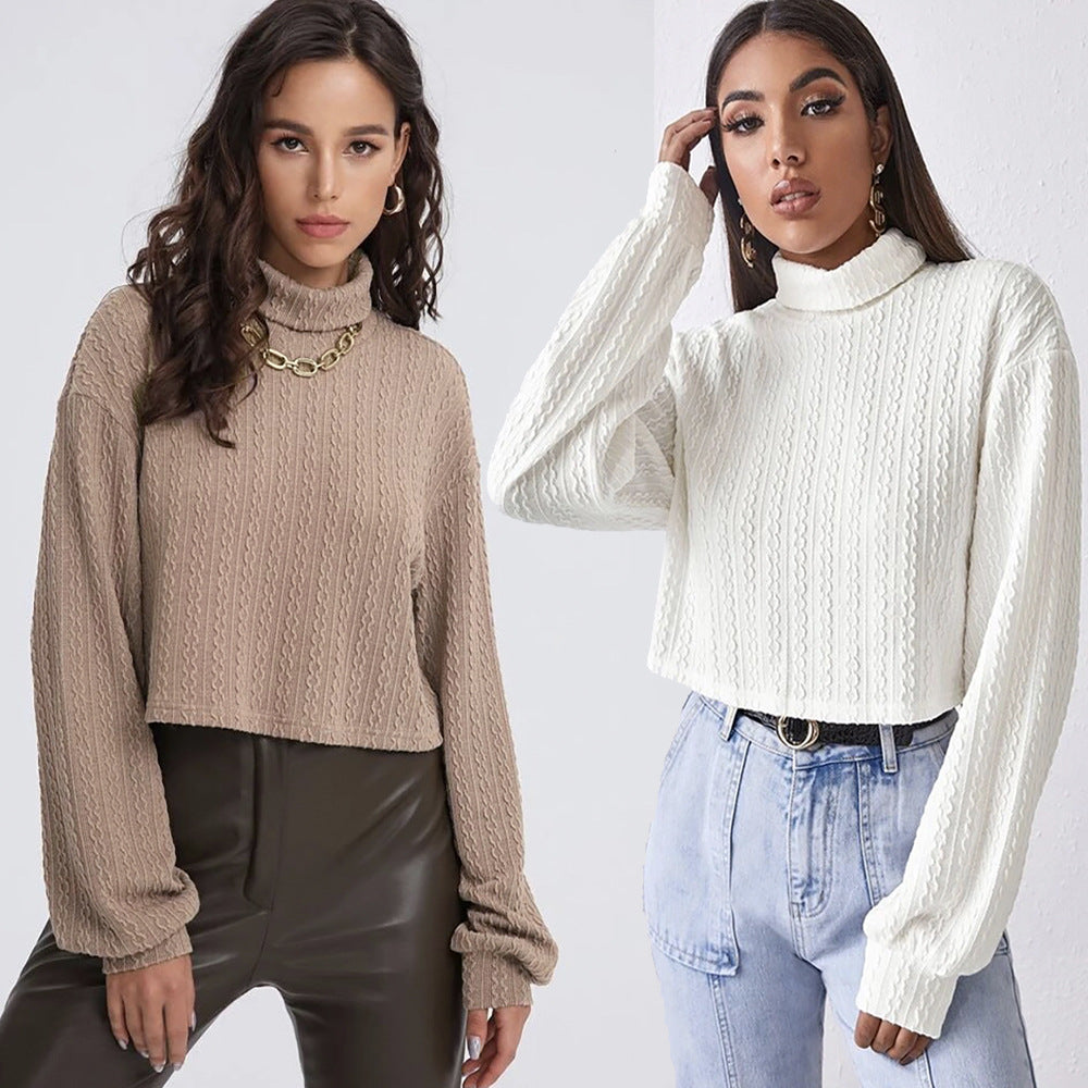 High Collar Long Sleeve Knitted Solid Loose Sweater For Women