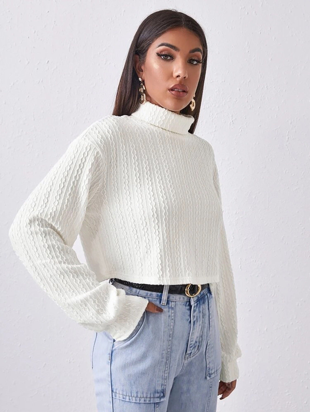 High Collar Long Sleeve Knitted Solid Loose Sweater For Women