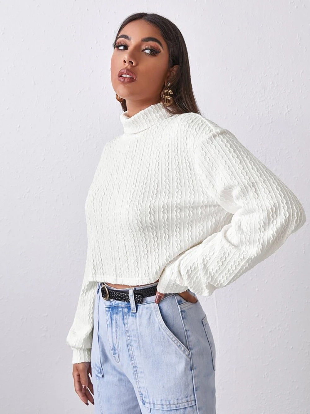 High Collar Long Sleeve Knitted Solid Loose Sweater For Women