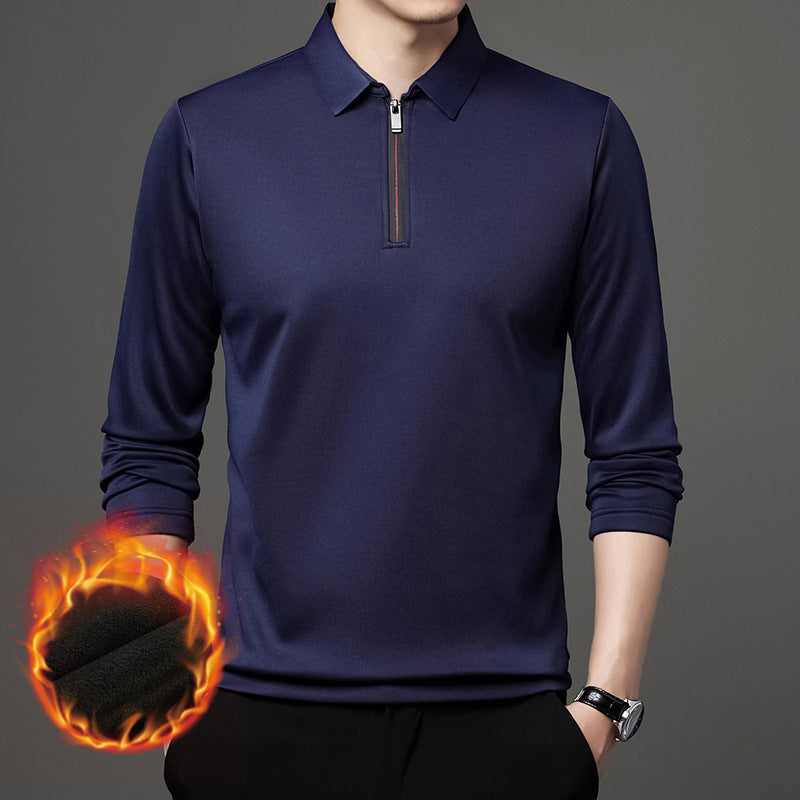 Half Zipper Fleece-lined Thickened Polo Shirt Men Polo Collar Solid Color