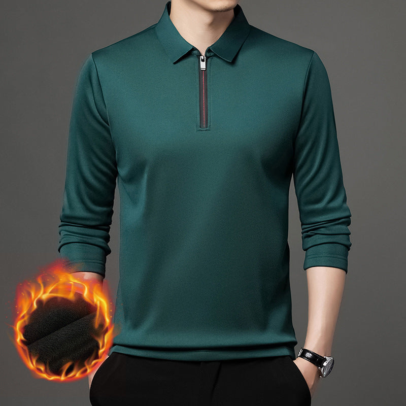 Half Zipper Fleece-lined Thickened Polo Shirt Men Polo Collar Solid Color