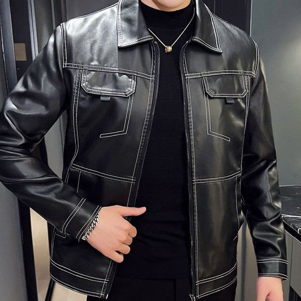 Metal Button Tooling Style Soft Leather Jacket