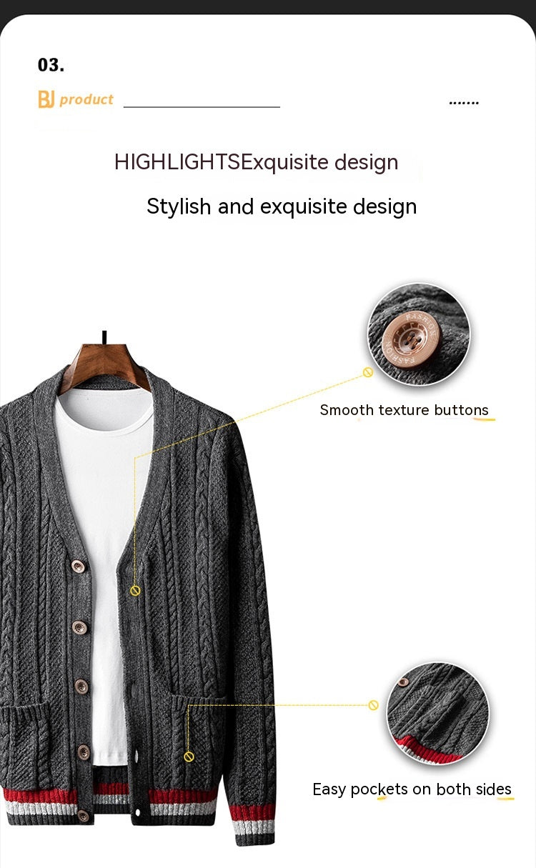 American Style Trend Pure Cotton Cardigan Sweater Plus Size V-neck Coat Contrast Color Men