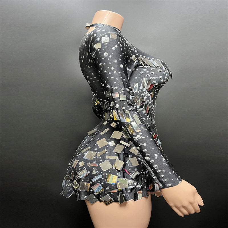 Shiny Sequined Diamond Outdoor Long-sleeved Skirt Mini Dress