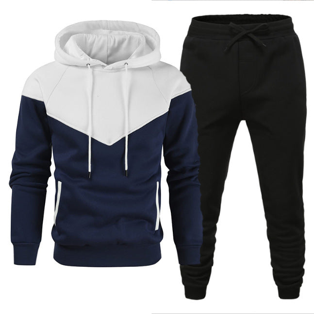 Men's Fleece-lined Sweater Suit Teenagers Fashion Casual Exercise Stitching Contrast Color