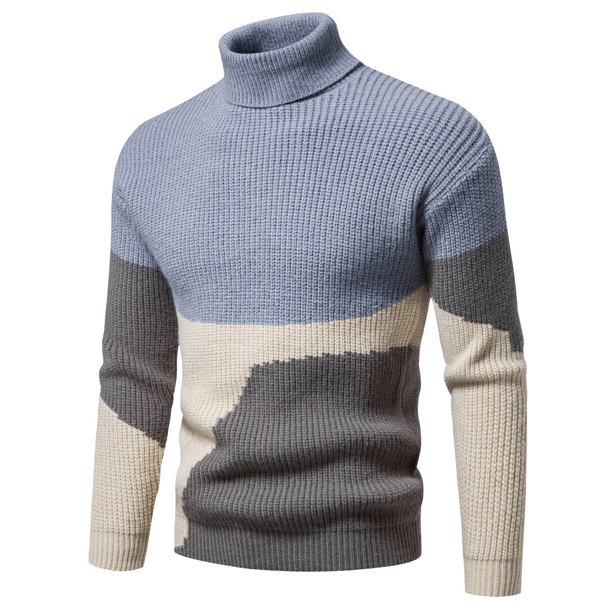 Men's Knitted Color Block Turtleneck Sweater