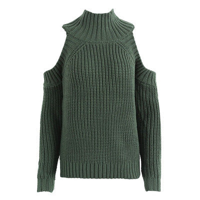 Shoulder Plain Pullover Knitted Sweater For Women