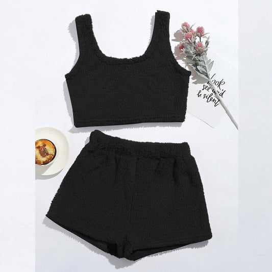 Pajama Suit Sexy Fluffy Sets Velvet-Plush Shorts Crop Tank Top Women Tracksuit Casual Sports Overalls Sweatshirt Night Suit