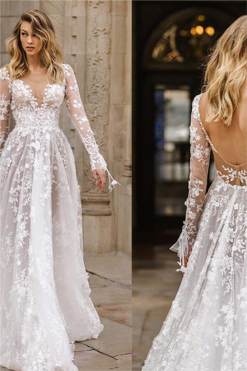 Wedding Dress Sexy Lace Long Sleeve Dress Evening Dress