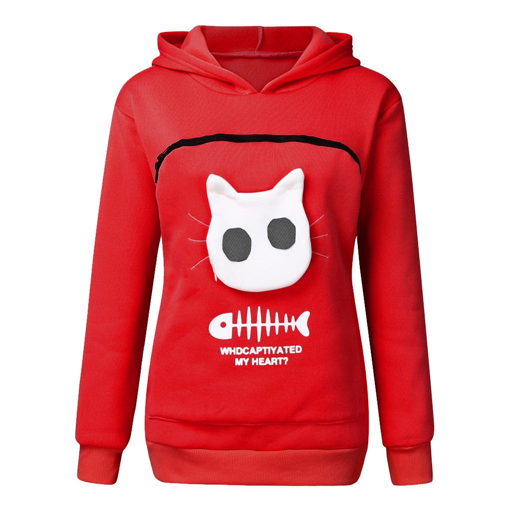 Women Hoodie Sweatshirt With Cat Pet Pocket Design Long Sleeve