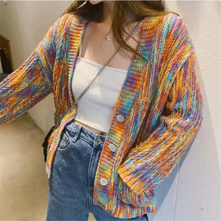 Rainbow Women Sweater Coat Cotton Sping Autumn V Collar