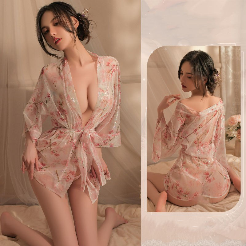 Sexy Lingerie Sexy Deep V Off-shoulder See-through Bronzing Printed Bathrobe