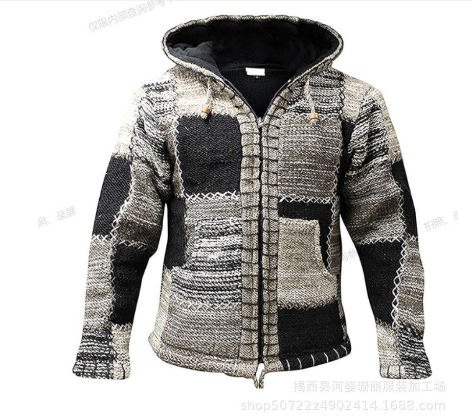 Thick High Mountain Warm Hooded Jacket Zipper Stitching Ethnic Style Sweater Men