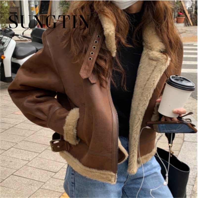 Fashionable Big Lapel Zipper Design Fur One Thickening Warm Motorcycle Short Coat Women