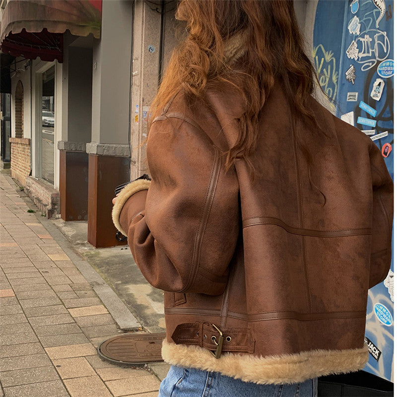 Fashionable Big Lapel Zipper Design Fur One Thickening Warm Motorcycle Short Coat Women