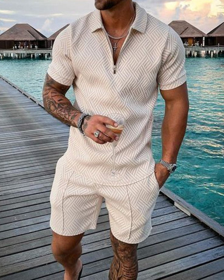 Men's Lapel Print Zipper Short Sleeve Shorts Suit