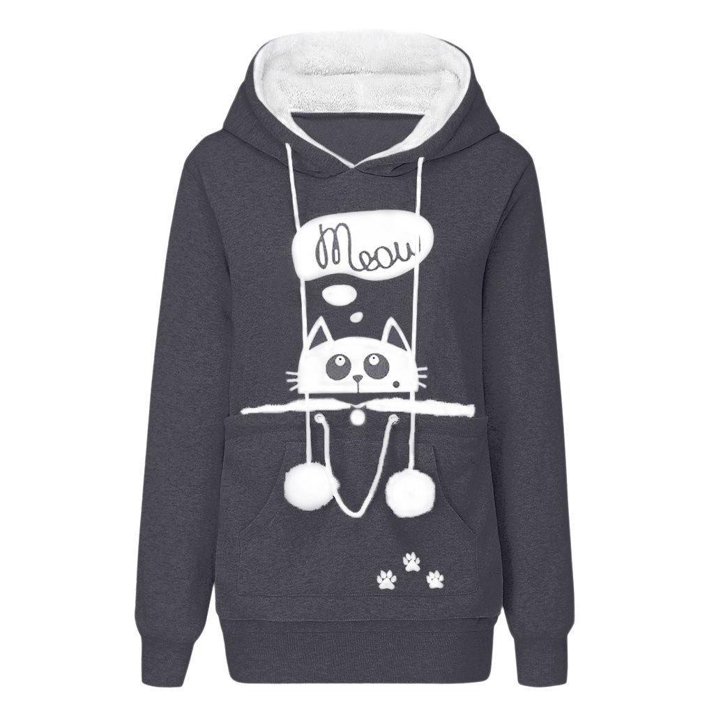 Casual Cat Print Hoodie With Big Pocket For Pets Long Sleeve Sweater Women Hooded Tops Clothes