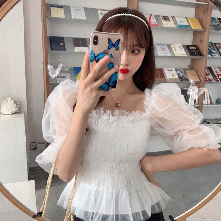 One-shoulder Chiffon Shirt Puff Sleeve Short Top Women Women