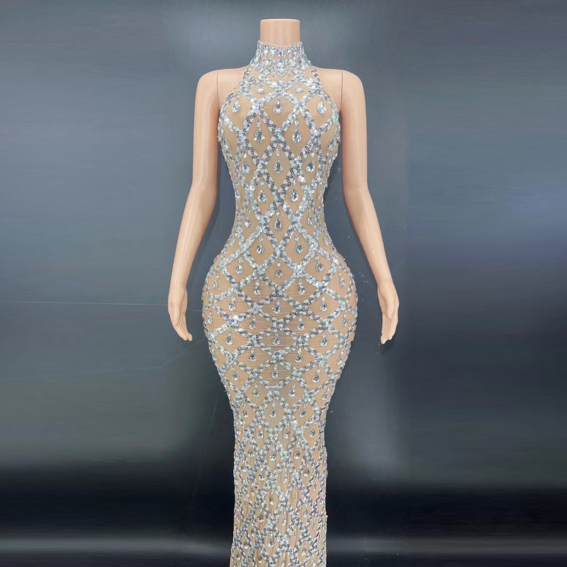 Shiny Rhinestone Silver Dress Plus Size Women's Evening Party Gown