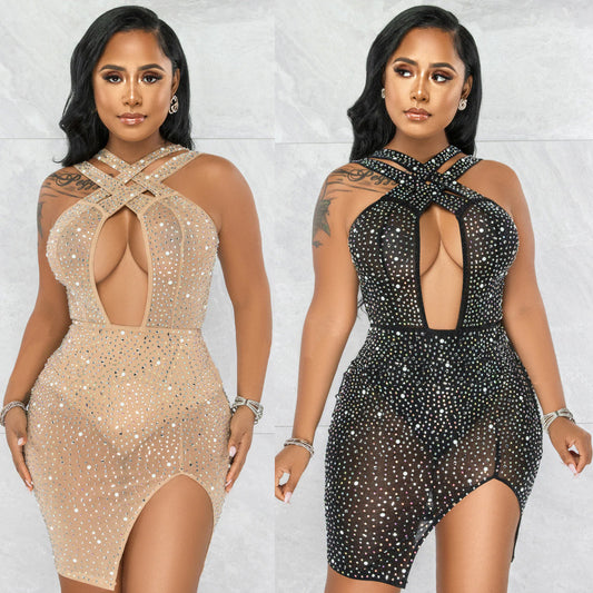 Women's Fashion Mesh Hot Diamond Nightclub Party Dress