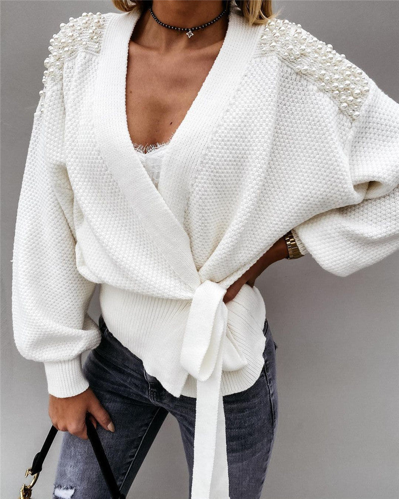 Women's Wide-sleeved Cardigan Knit Sweater Lace-up Top Sweater Women