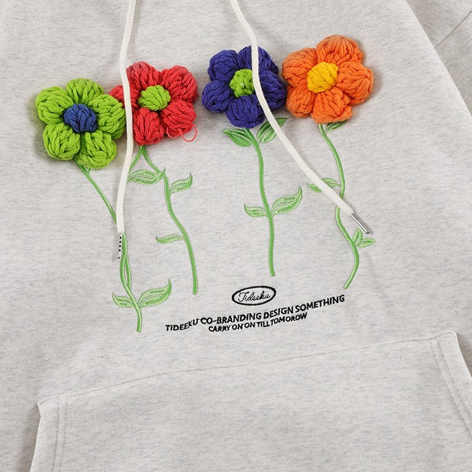 Autumn And Winter New Small Flowers Wool Embroidery Hooded Long-sleeved Tops Men