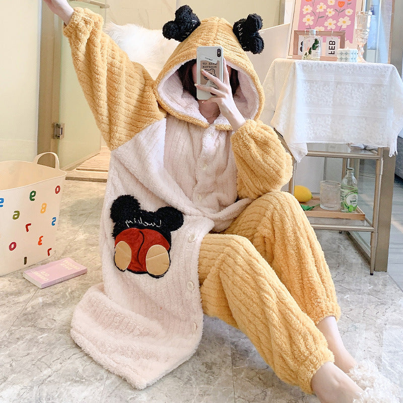 Autumn And Winter Plus Size Pajamas For Girls Warm Loungewear Suit Thickened Cartoon Bag Student Long