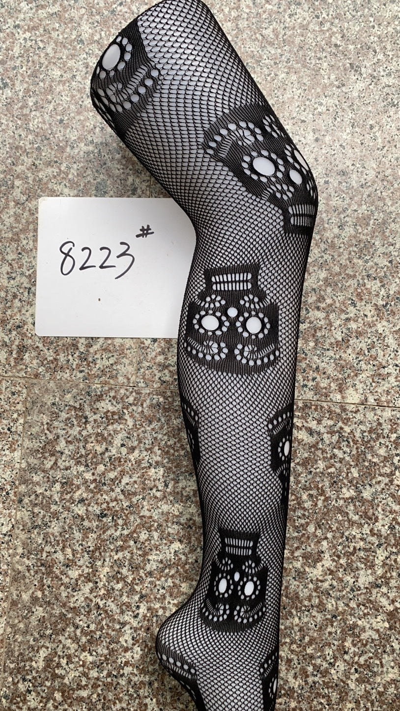 Sexy Women Fishnet Tights Skull Spider Web Pattern Pantyhose Black Knitting Net Stockings Lingerie Party Costume Accessories