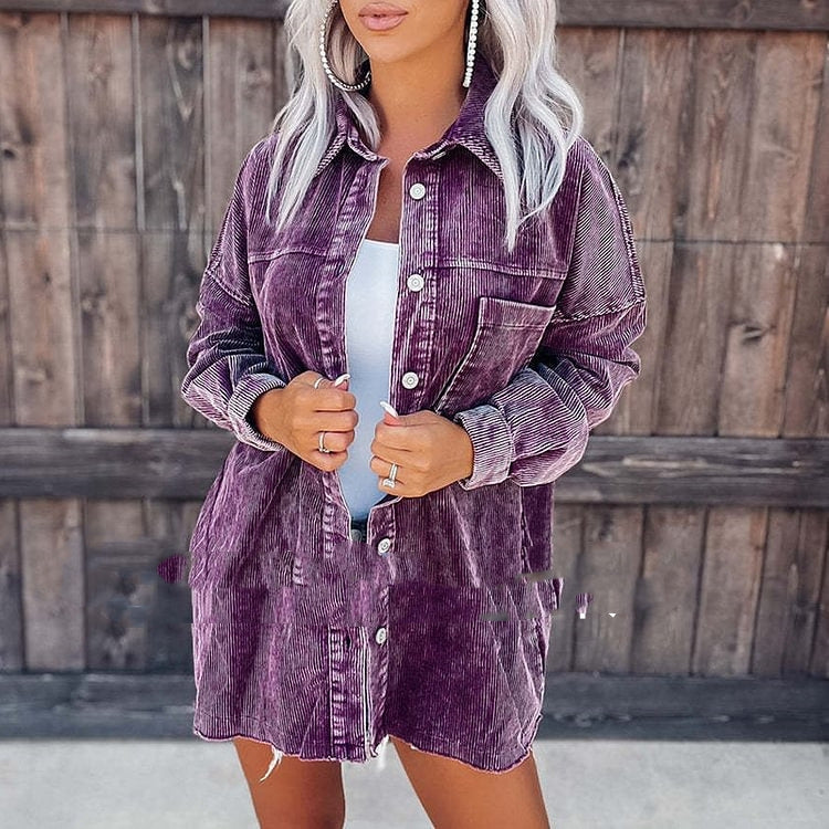 Retro Distressed Corduroy Shirt Jacket Coat For Women