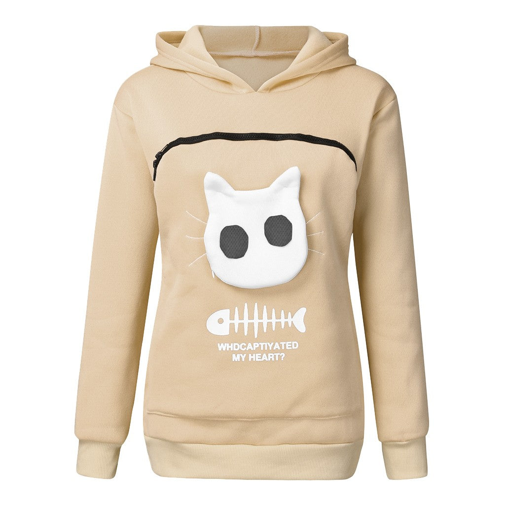 Women Hoodie Sweatshirt With Cat Pet Pocket Design Long Sleeve