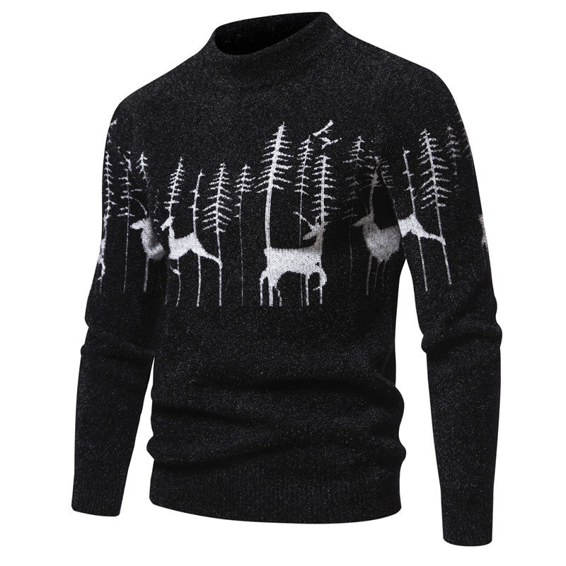 Christmas Sweater Men's Warm Deer Printed Round Neck Sweater