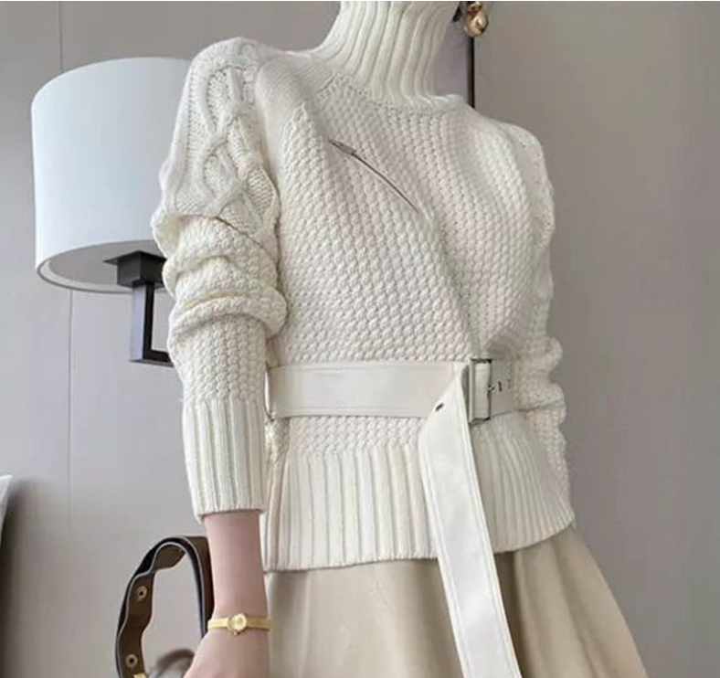 New Autumn And Winter Fashion Casual Long Sleeve Solid Color Sashes Slim High Collar Sweaters Pullovers Top Women