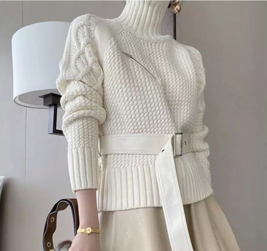 New Autumn And Winter Fashion Casual Long Sleeve Solid Color Sashes Slim High Collar Sweaters Pullovers Top Women