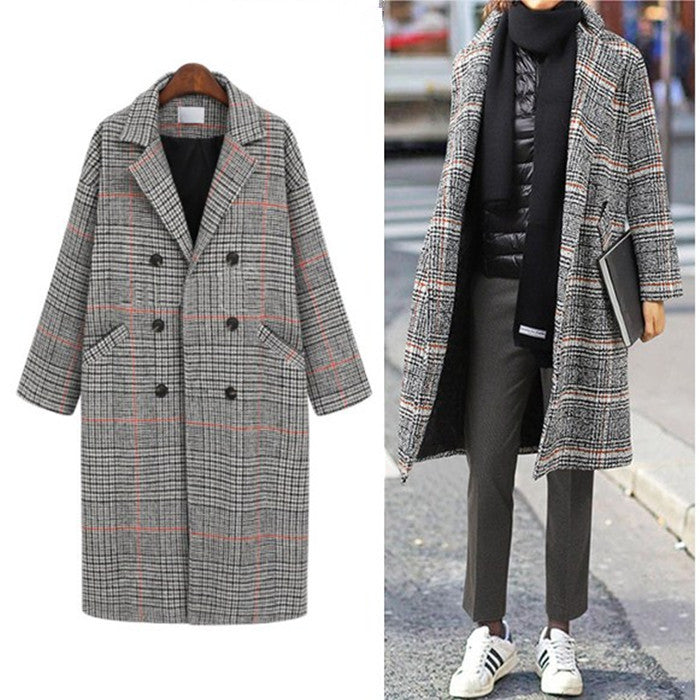 All-match plaid coat mid-length woolen coat