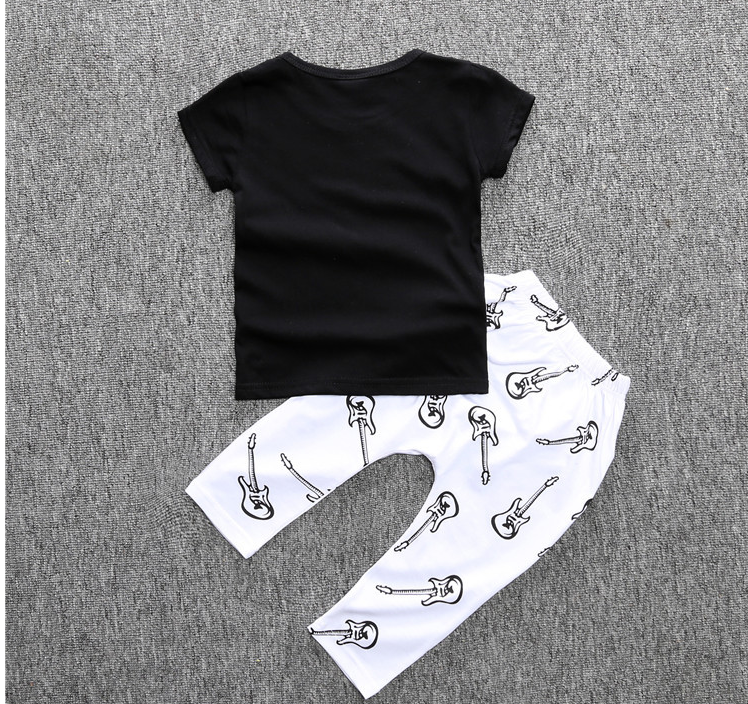 New Children's Clothing Ins Boy Cartoon T-shirt  Violin Print Pants 2 Sets