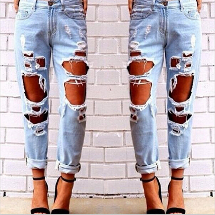 Aliexpress explosion Europe Code loose wild sexy big hole beggar exaggerated boyfriend jeans