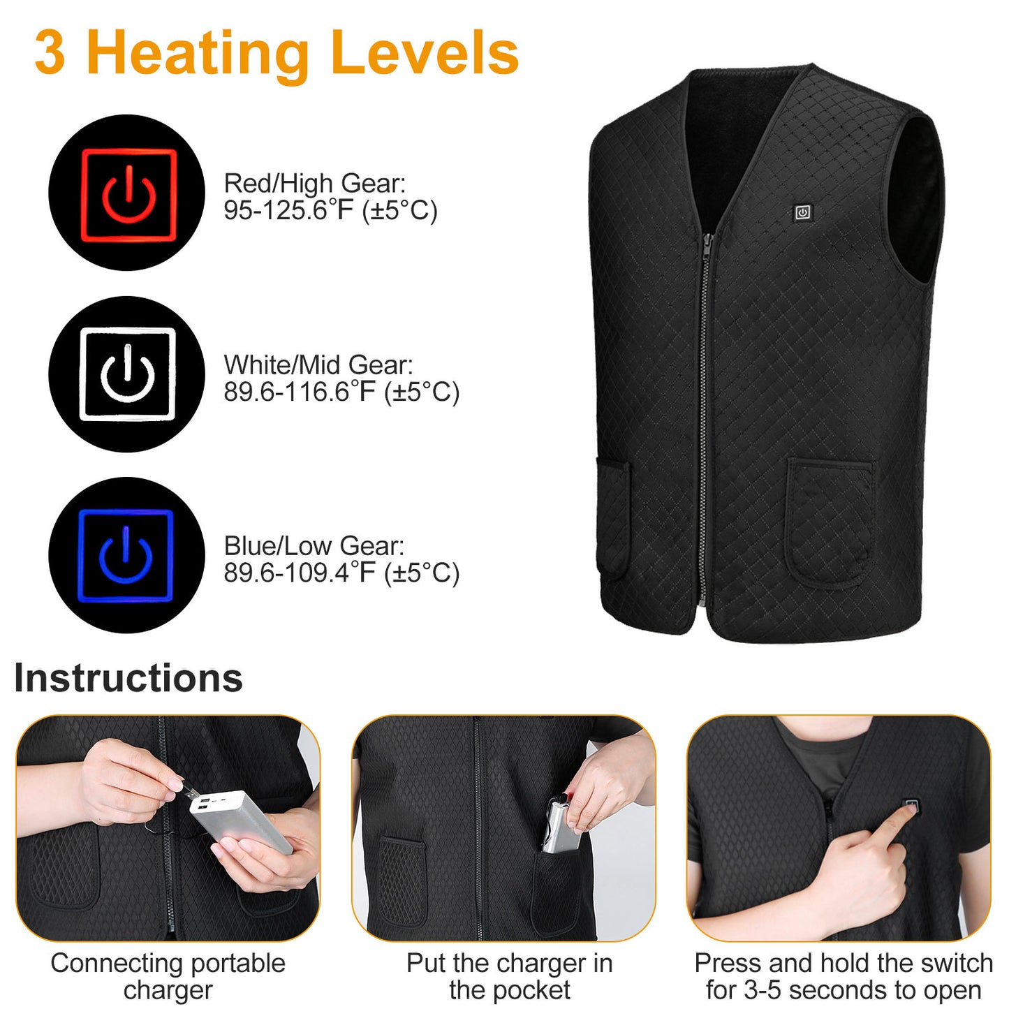1Pc Heat Jacket Vest 3 Heating Gear Adjustable USB Heated Vest Warm Heat Coat Vest With 5 Heating Zones For Men Women Winter Outdoor Activity