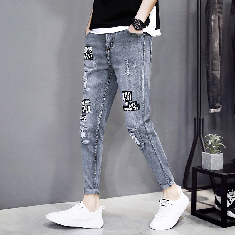 Autumn black ripped ankle jeans men