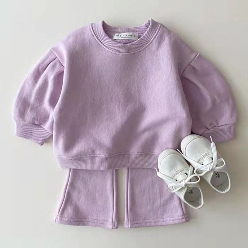 Korean Style Children's Clothing Infant Toddler Spring And Autumn Girls Cotton Suit Baby Candy Color Trendy Children Sweater Pants Two-piece Set