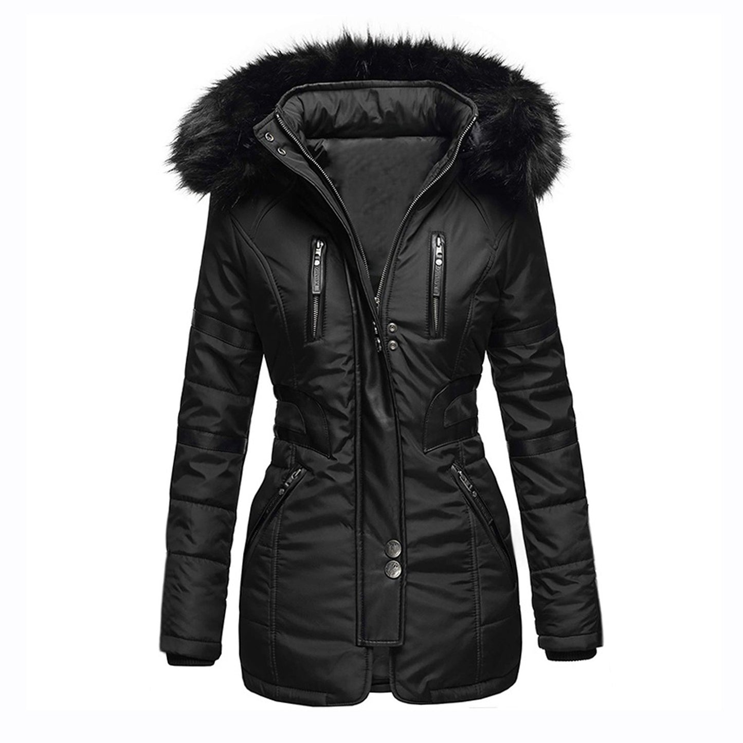 Contrasting color big fur collar cotton coat women