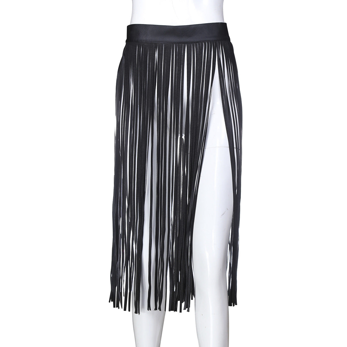 Women's Alternative Bondage Clothing Black White Leather Multiple Fringe Skirts