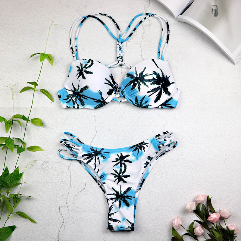 Women Sexy Swimwear Leaf Print Bikini Halter Swimsuit Bathing Suit Women Cute Bikini Set Monokini Underwire