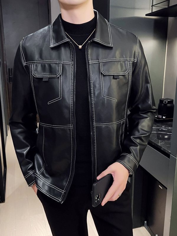 Metal Button Tooling Style Soft Leather Jacket