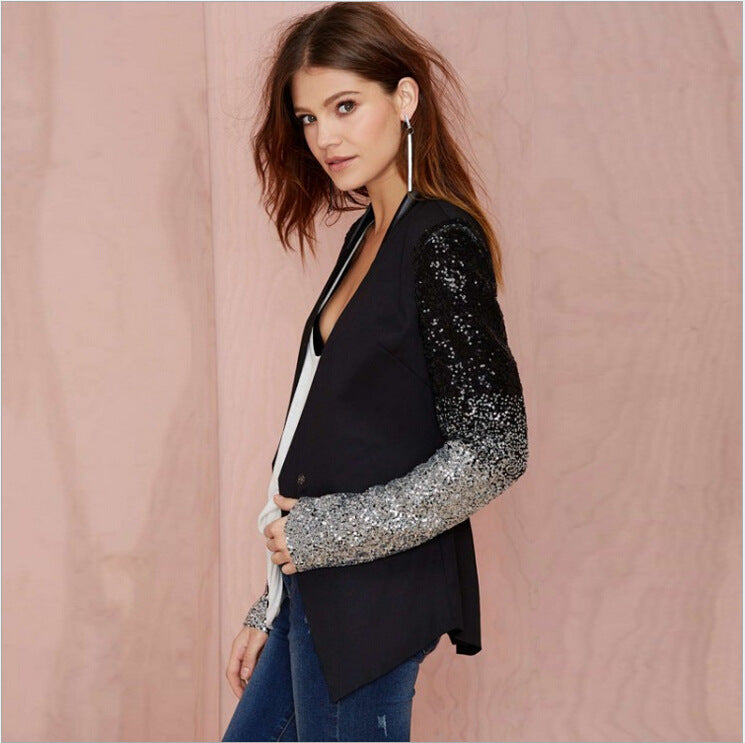 Long Sleeve Lapel Fashion Silver Black Sequin Elegant Slim Work Blazers Suit feminino