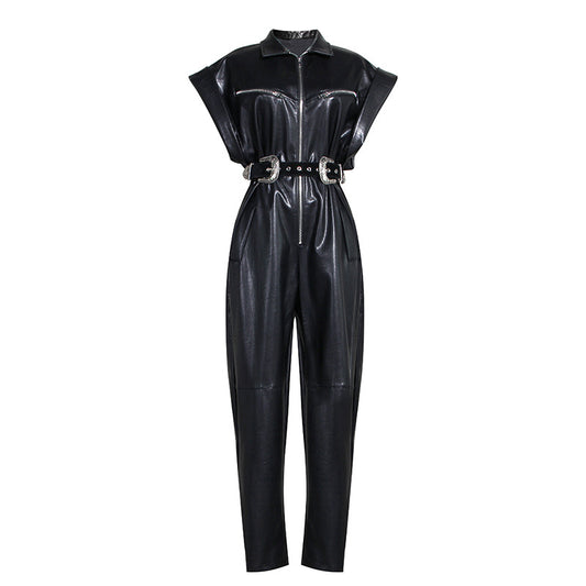 Tight waist PU jumpsuit