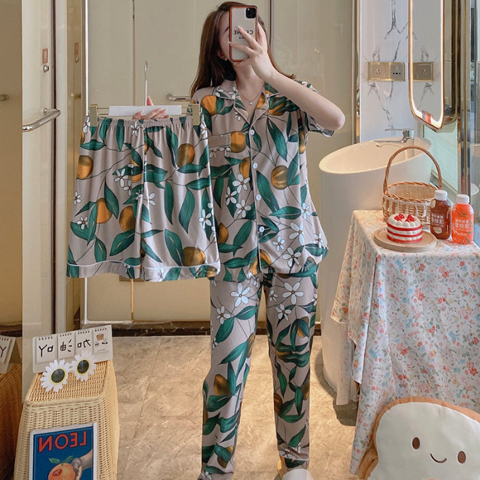 Fruit Pajamas Women's Summer Thin Short-sleeved Trousers Milk Silk Cute Loungewear Three-piece Suit