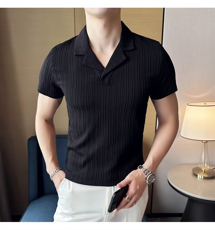 Cuba Collar Short Sleeve T-shirt Men's Summer Ice Silk Stripes Polo Shirt